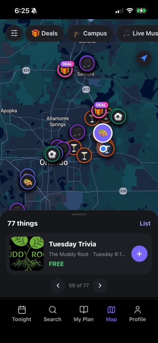 WTM's map of things to do around Orlando, with deal pins