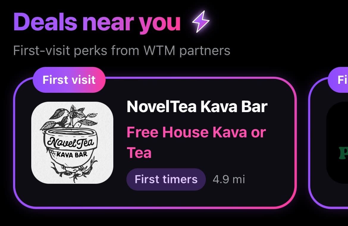 The app's Deals near you row with a first-visit deal from NovelTea Kava Bar