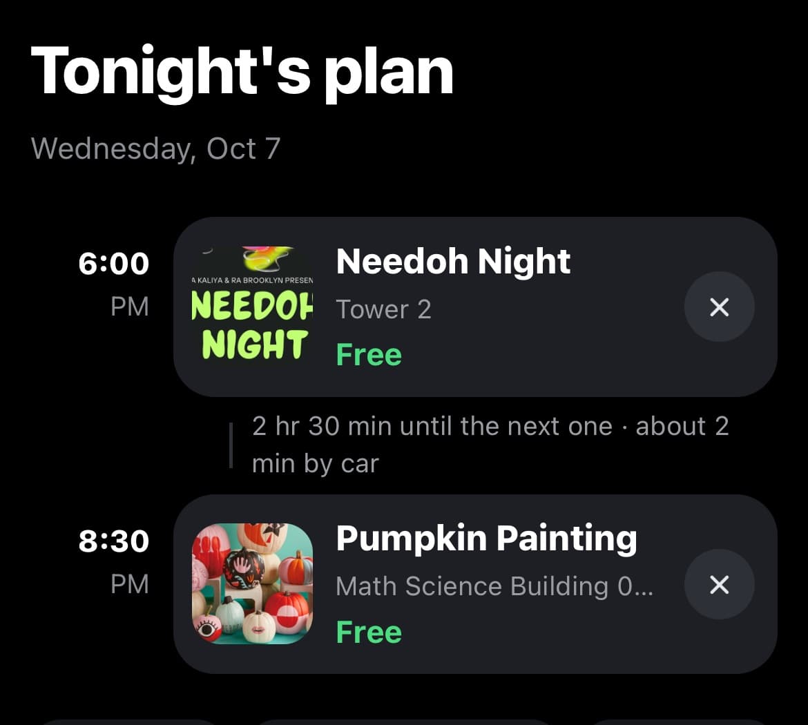 The app's plan for tonight with two stops and the time between them