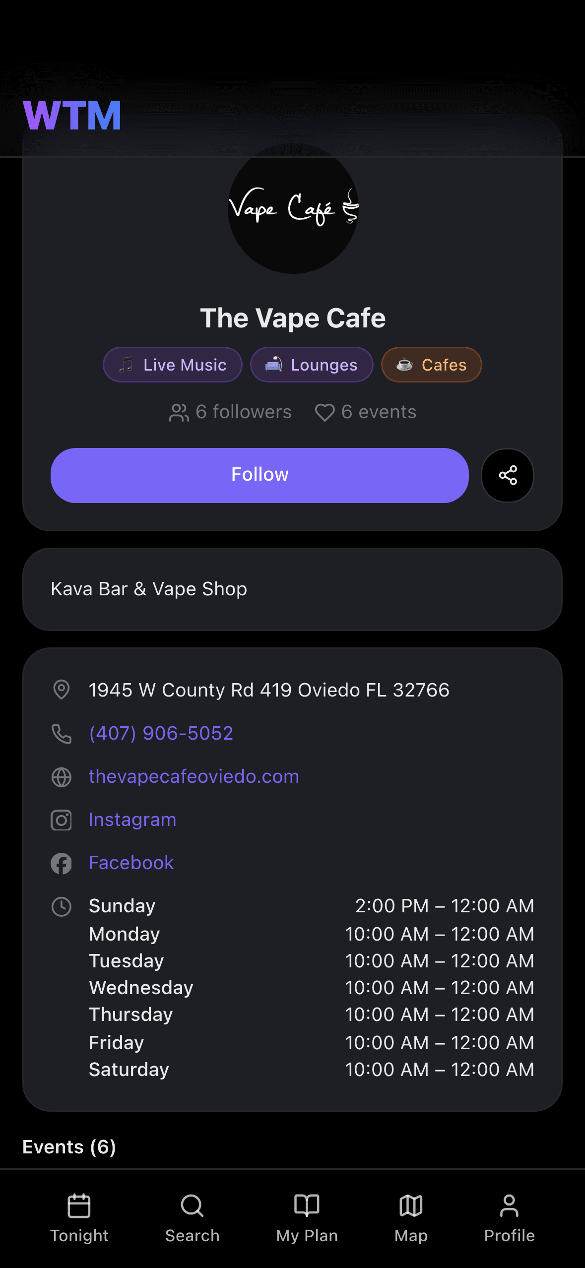 The Vape Café’s page on WTM, showing categories, followers, hours and events