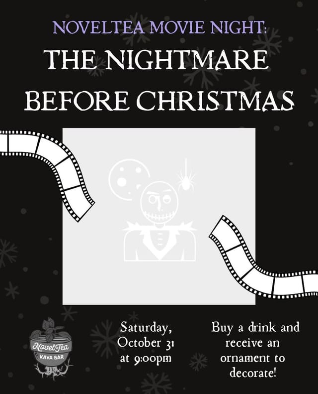 Flyer for Moe's Not So Scary Halloween — NovelTea Movie Night: The Nightmare Before Christmas