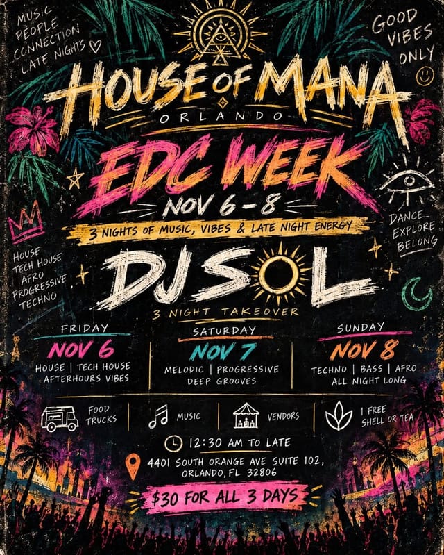 Flyer for House of Mana EDC Week Afterparty: House, Tech House, Afterhours