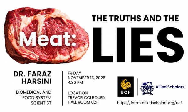 Flyer for MEAT: THE TRUTH AND THE LIES by special guest Dr. Faraz Harsini