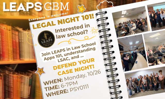 Flyer for LEAPS GBM - Legal Night 101! ๐ฅ