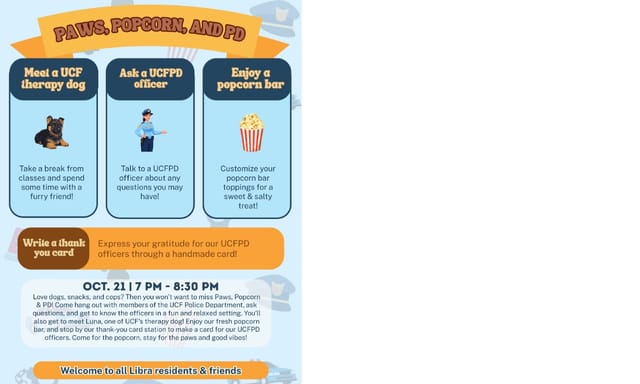 Flyer for Paws, Popcorn, and PD